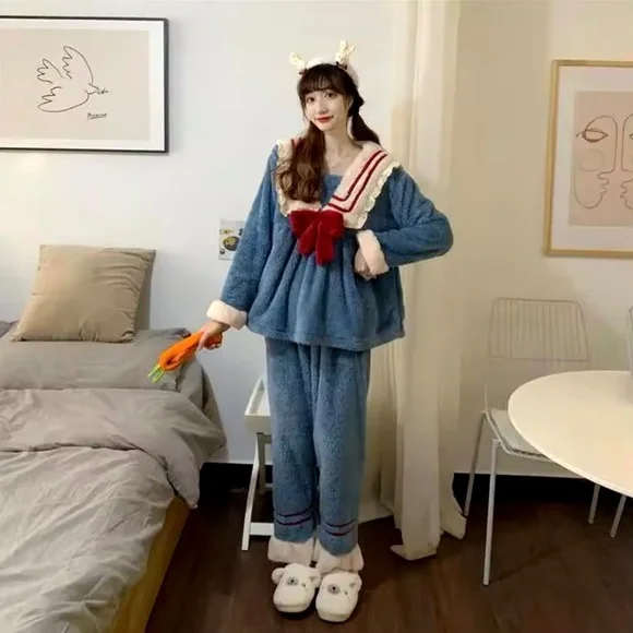 New Pajama Sets Women Sweet Japan Style Lounge Kawaii Sleepwear Flannel - Picture 2 of 8